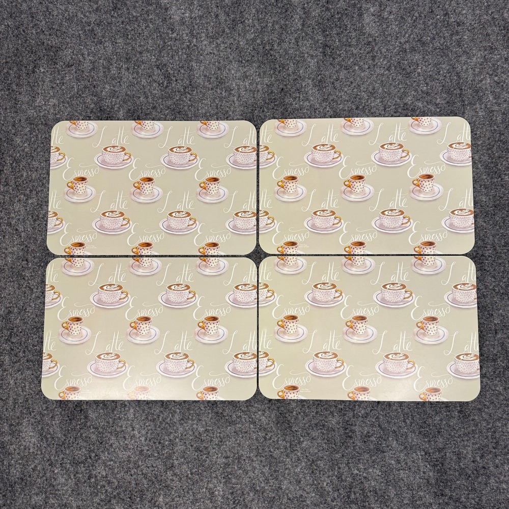 Victoria Borges Vinyl Placemats Espresso Latte Polka Dot Gold Rim Cups Set of 4
